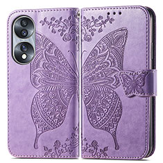 Coque Portefeuille Papillon Livre Cuir Etui Clapet pour Huawei Honor 70 5G Violet Clair