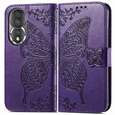 Coque Portefeuille Papillon Livre Cuir Etui Clapet pour Huawei Honor 80 5G Violet