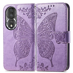 Coque Portefeuille Papillon Livre Cuir Etui Clapet pour Huawei Honor 80 5G Violet Clair