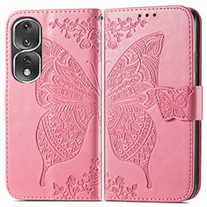 Coque Portefeuille Papillon Livre Cuir Etui Clapet pour Huawei Honor 80 Pro 5G Rose Rouge