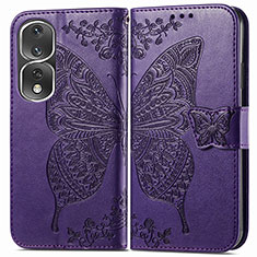 Coque Portefeuille Papillon Livre Cuir Etui Clapet pour Huawei Honor 80 Pro Flat 5G Violet