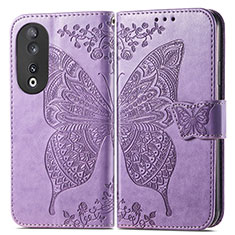 Coque Portefeuille Papillon Livre Cuir Etui Clapet pour Huawei Honor 90 5G Violet Clair