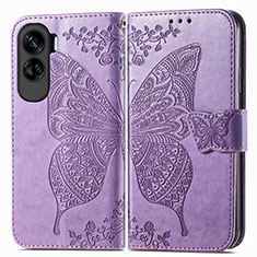 Coque Portefeuille Papillon Livre Cuir Etui Clapet pour Huawei Honor 90 Lite 5G Violet Clair