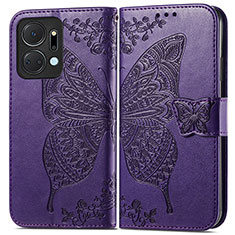 Coque Portefeuille Papillon Livre Cuir Etui Clapet pour Huawei Honor X7a Violet