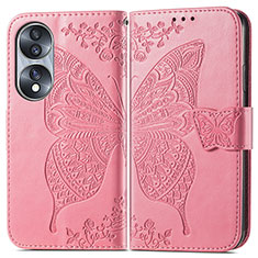 Coque Portefeuille Papillon Livre Cuir Etui Clapet pour Huawei Honor X7b Rose Rouge