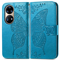 Coque Portefeuille Papillon Livre Cuir Etui Clapet pour Huawei P50 Bleu