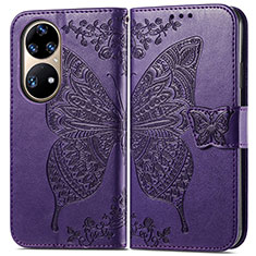 Coque Portefeuille Papillon Livre Cuir Etui Clapet pour Huawei P50 Pro Violet