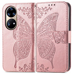 Coque Portefeuille Papillon Livre Cuir Etui Clapet pour Huawei P50e Rose