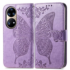 Coque Portefeuille Papillon Livre Cuir Etui Clapet pour Huawei P50e Violet Clair