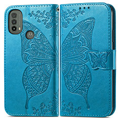 Coque Portefeuille Papillon Livre Cuir Etui Clapet pour Motorola Moto E30 Bleu