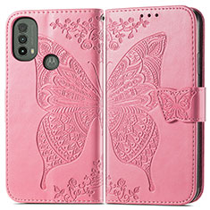 Coque Portefeuille Papillon Livre Cuir Etui Clapet pour Motorola Moto E30 Rose Rouge