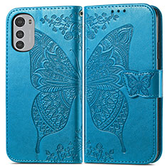 Coque Portefeuille Papillon Livre Cuir Etui Clapet pour Motorola Moto E32 Bleu