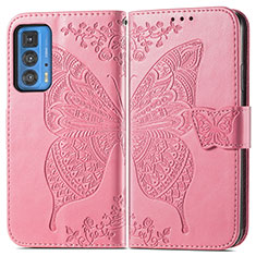 Coque Portefeuille Papillon Livre Cuir Etui Clapet pour Motorola Moto Edge 20 Pro 5G Rose Rouge