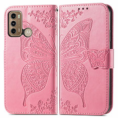 Coque Portefeuille Papillon Livre Cuir Etui Clapet pour Motorola Moto G60 Rose Rouge