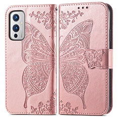 Coque Portefeuille Papillon Livre Cuir Etui Clapet pour OnePlus 9 5G Or Rose