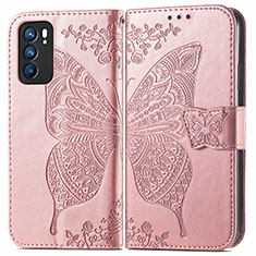 Coque Portefeuille Papillon Livre Cuir Etui Clapet pour Oppo Reno6 5G Rose