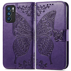 Coque Portefeuille Papillon Livre Cuir Etui Clapet pour Oppo Reno6 5G Violet