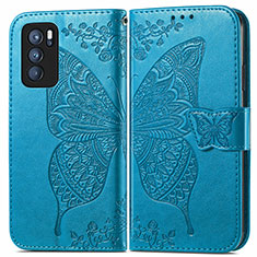 Coque Portefeuille Papillon Livre Cuir Etui Clapet pour Oppo Reno6 Pro 5G India Bleu