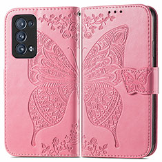 Coque Portefeuille Papillon Livre Cuir Etui Clapet pour Oppo Reno6 Pro+ Plus 5G Rose Rouge