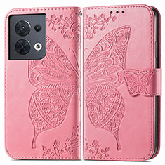 Coque Portefeuille Papillon Livre Cuir Etui Clapet pour Oppo Reno8 5G Rose Rouge