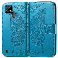 Coque Portefeuille Papillon Livre Cuir Etui Clapet pour Realme C21 Bleu