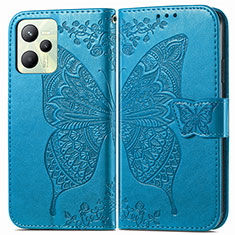 Coque Portefeuille Papillon Livre Cuir Etui Clapet pour Realme C35 Bleu