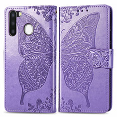 Coque Portefeuille Papillon Livre Cuir Etui Clapet pour Samsung Galaxy A21 European Violet Clair