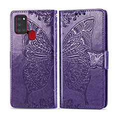 Coque Portefeuille Papillon Livre Cuir Etui Clapet pour Samsung Galaxy A21s Violet