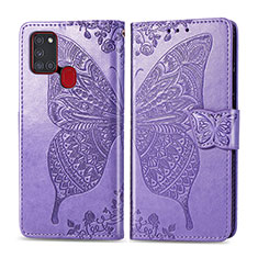 Coque Portefeuille Papillon Livre Cuir Etui Clapet pour Samsung Galaxy A21s Violet Clair