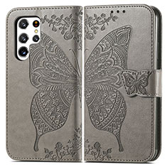 Coque Portefeuille Papillon Livre Cuir Etui Clapet pour Samsung Galaxy S21 Ultra 5G Gris