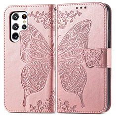 Coque Portefeuille Papillon Livre Cuir Etui Clapet pour Samsung Galaxy S24 Ultra 5G Rose