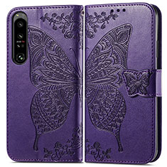 Coque Portefeuille Papillon Livre Cuir Etui Clapet pour Sony Xperia 1 IV SO-51C Violet