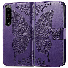 Coque Portefeuille Papillon Livre Cuir Etui Clapet pour Sony Xperia 1 IV Violet