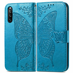 Coque Portefeuille Papillon Livre Cuir Etui Clapet pour Sony Xperia 10 III Lite Bleu