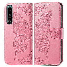 Coque Portefeuille Papillon Livre Cuir Etui Clapet pour Sony Xperia 5 IV Rose Rouge