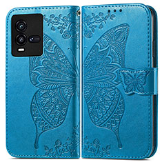 Coque Portefeuille Papillon Livre Cuir Etui Clapet pour Vivo iQOO 10 5G Bleu