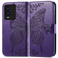 Coque Portefeuille Papillon Livre Cuir Etui Clapet pour Vivo iQOO 10 5G Violet