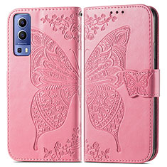 Coque Portefeuille Papillon Livre Cuir Etui Clapet pour Vivo iQOO Z3 5G Rose Rouge