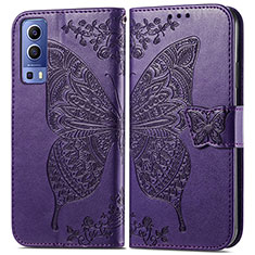 Coque Portefeuille Papillon Livre Cuir Etui Clapet pour Vivo iQOO Z3 5G Violet