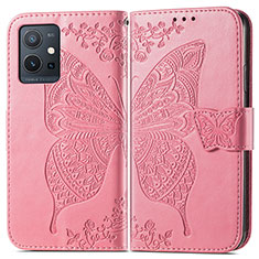 Coque Portefeuille Papillon Livre Cuir Etui Clapet pour Vivo iQOO Z6 5G Rose Rouge