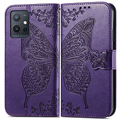 Coque Portefeuille Papillon Livre Cuir Etui Clapet pour Vivo iQOO Z6 5G Violet