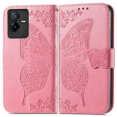 Coque Portefeuille Papillon Livre Cuir Etui Clapet pour Vivo iQOO Z6x Rose Rouge