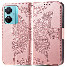 Coque Portefeuille Papillon Livre Cuir Etui Clapet pour Vivo T1 Pro 5G Rose