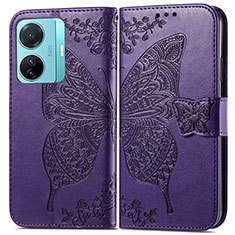 Coque Portefeuille Papillon Livre Cuir Etui Clapet pour Vivo T1 Pro 5G Violet