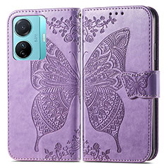 Coque Portefeuille Papillon Livre Cuir Etui Clapet pour Vivo T1 Pro 5G Violet Clair