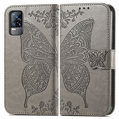 Coque Portefeuille Papillon Livre Cuir Etui Clapet pour Vivo V21e 4G Gris