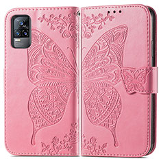 Coque Portefeuille Papillon Livre Cuir Etui Clapet pour Vivo V21e 4G Rose Rouge