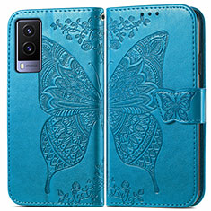 Coque Portefeuille Papillon Livre Cuir Etui Clapet pour Vivo V21e 5G Bleu