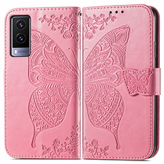 Coque Portefeuille Papillon Livre Cuir Etui Clapet pour Vivo V21e 5G Rose Rouge