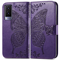 Coque Portefeuille Papillon Livre Cuir Etui Clapet pour Vivo V21e 5G Violet